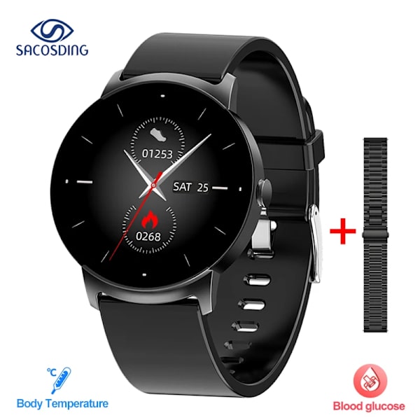 NY Glukos Smart Watch Herr Blodtryck Blod Syre Kroppstemperatur Pulslarm IP68 Vattentät Smartwatch Dam Black steel