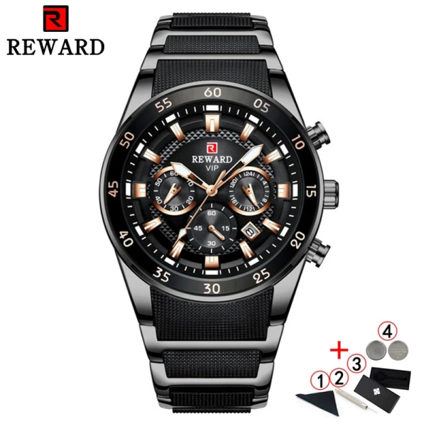 Belöning Sport Herrklockor Lyxmärke Lumious Hands Chronograph Man Armbandsur Herr Vattentät Full Steel Montre Homme 2021 full black box