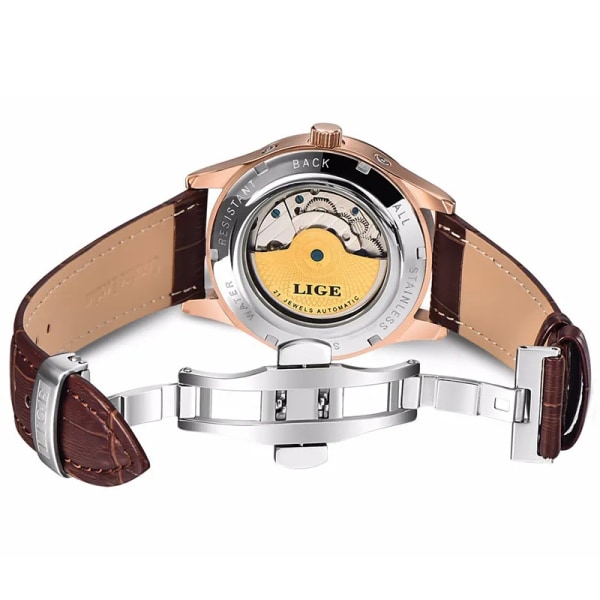 Relogio Masculin LIGE Nya Herrklockor Toppmärke Lyx Automatisk Mekanisk Watch Herr Läder Vattentät Watch Veckoklocka+låda Gold black