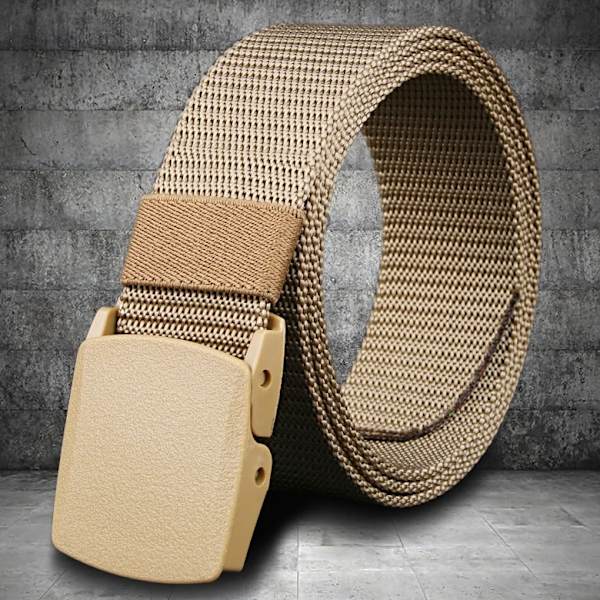 Plastspänne Nylon Canvas Bälte Herr Kvinnor Utomhusarbete, 1,5 tum brett metallfritt militärt taktiskt midjebälte Flygplatsvänligt khaki 120cm