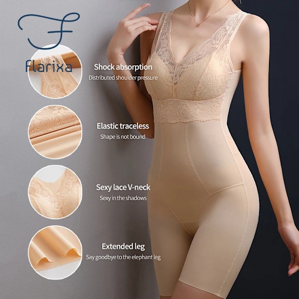 Flarixa Ärmlös bantningsbody med pad Sexig djup V-hals Shapewear Kvinnor Korsett Back Take Off Body Shaper i ett stycke XXXL Beige-Bodysuit XL