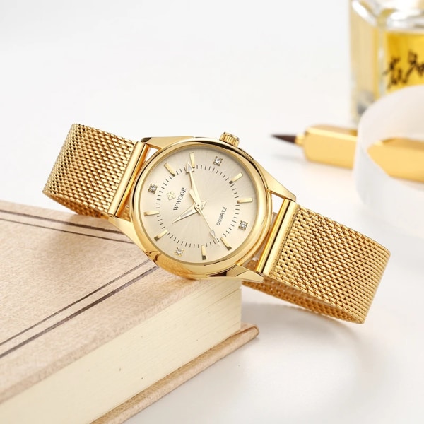 WWOOR Lyx Märke Klänning Guld Klocka Watch Elegant Diamond Small Quartz Armbandsur För Kvinnor Steel Mesh Klocka zegarek damski gold