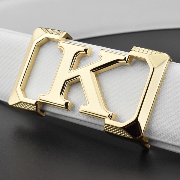 K bokstaven Casual bälte för män Vit modedesigner bälten pojke fritid Koskn midjerem äkta läder metallspänne Midjeband white silver buckle 110cm