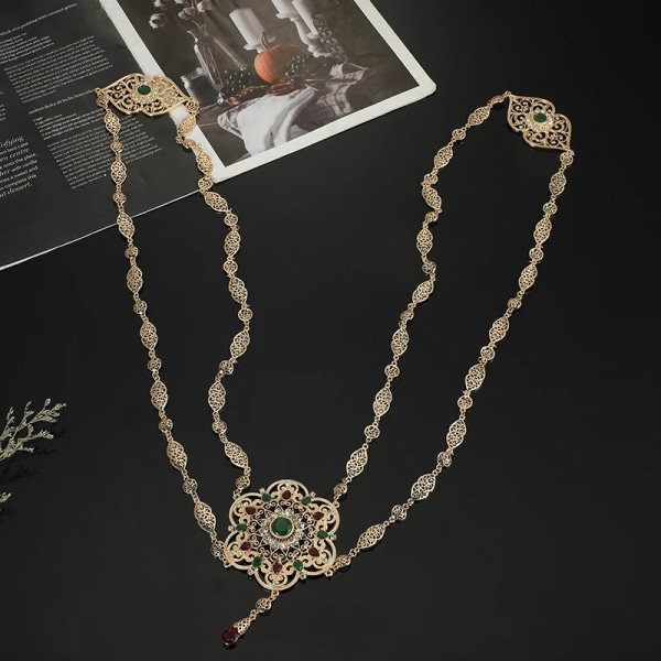 Marockanska bröllopsryggsmycken för kvinnor Blomdesign Guldfärg Kristall Axelkedja Smycken Kaftan långt halsband mix red  stone 45cm