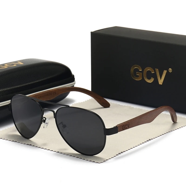 GCV 2022 Nya handgjorda trä pilotsolglasögon polariserade herrglasögon UV400 skyddsspegel glasögon valnöt trä Oculos G369 Black Polarized