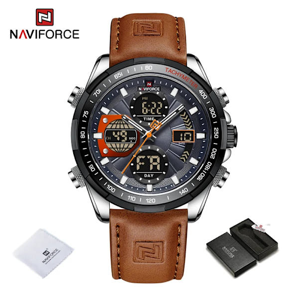 Nya original NAVIFORCE Business Luxury Läder Klockor Herr Sport 3ATM Vattentät LCD Display Watch För Man Quartz Armbandsur SGYOBN-BOX