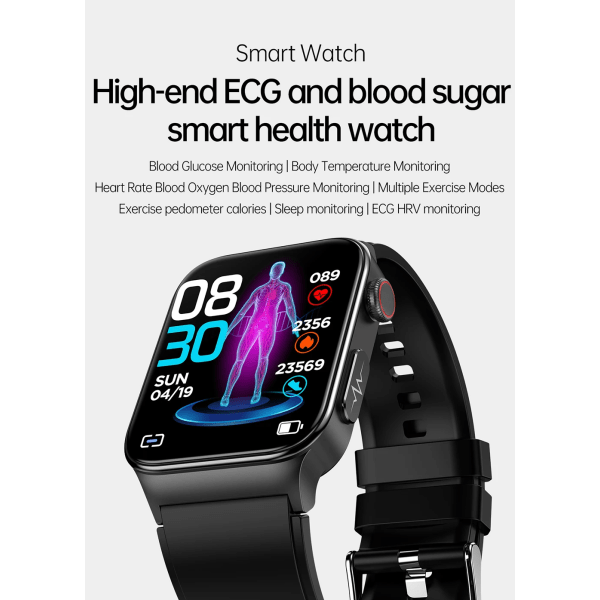 Ny E500 Blodsocker Smart Watch EKG-övervakning Blodtryck Kroppstemperatur Smartwatch Män IP68 Vattentät Fitness Tracker Blue