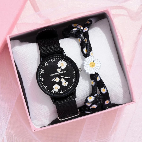 Watch Nylon Daisy Flowers Damarmbandsur Modeklockor Set Quartz Clock s relogio feminino set 1