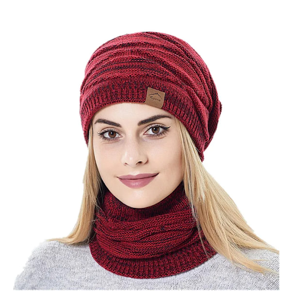 Vintermössa och Halsduk Set för Kvinnor Varm Stickad Mössa Dam Halsvärmare Tjockfodrad Dam Balaclava Mask Bobble Mössor för Kvinnor S86 6489 Red