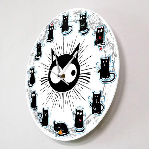 Svart Katt Glädje Stil Väggklocka Kattungar Väggkonst Tyst Klocka Cartoon Katter Barnrum Barnkammare Dekorativ Väggklocka Kattälskare Present White Frame With LED