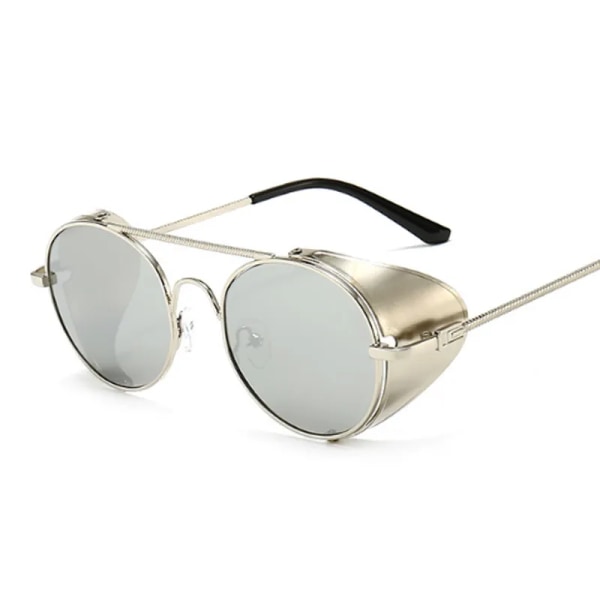 Runda solglasögon Man Kvinna Märkesdesigner Vintage solglasögon Klassiska glasögon för körning Metal Steampunk Retro Oculos De Sol Silver Silver other