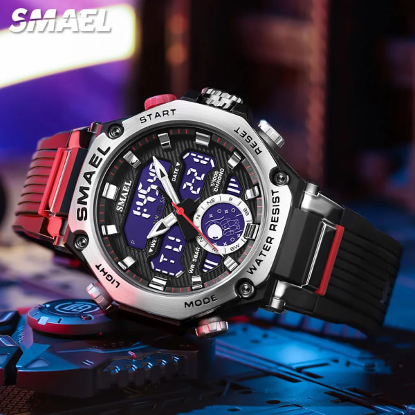 SMAEL Elektroniska Digitala klockor för män Mode Chronograph Quartz Armbandsur Auto Date Week Väckarklocka LED Dual Time 8069 Green-Box