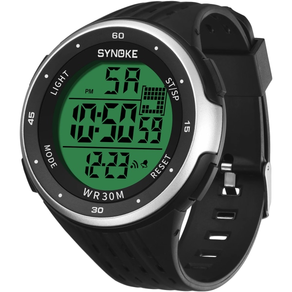 SYNOKE Digitala klockor för män Sport Vattentät watch LED-skärm Elektroniska klockor med stor urtavla Chronograph Relogio Masculino xfcs Silver