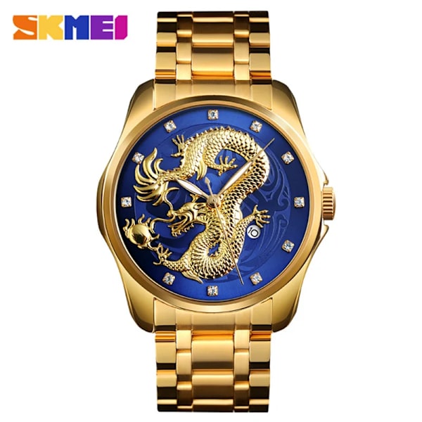 SKMEI Toppmärke Lyx Watch Golden Dragon Quartz Klockor Herr Vattentät datumvisning Armbandsur i rostfritt stål Hane gold blue