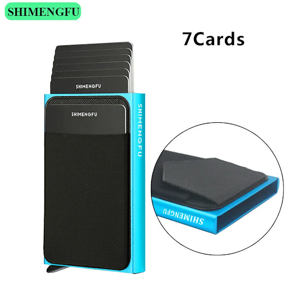 Pop Up RFID ID-korthållare Man Plånbok Minipaket Aluminium Metall Skyddsutrustning Förvaringsväska Smart Quick Release Damväska 7 Cards Blue