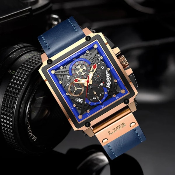 2023 nya LIGE Herrklockor Toppmärke Lyx Hollow Square Watch För män Mode Läderrem Vattentät Quartz Armbandsur Leather white