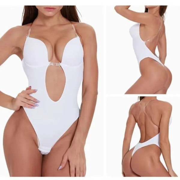 Full Body Shapewear Dam Deep V Sexig Cabriolet BH Stringform Bär Rygglös Osynlig Push Up BH Underkläder Bantningskorsett pure white M(34or75)