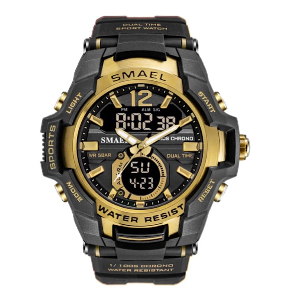 SMAEL Dual Time Army Watch för män Lysande Vattentät Quart Digital Armbandsur Väckarklocka LED Bakgrundsbelysning Kalender 1805 Black gold