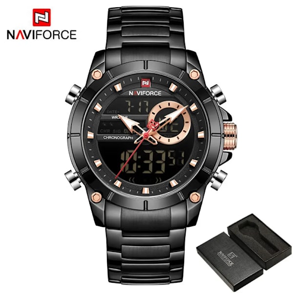 NAVIFORCE Top Brand Lyx Watch Herr Vattentät Quartz Digital Led Man Klocka Militär Sport Rostfritt stål Man Armbandsur 9163 NA916304 with box