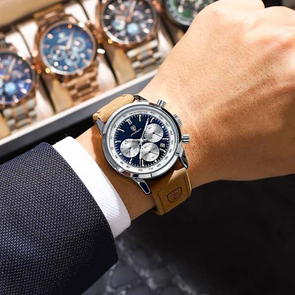POEDAGAR Lyx Watch Högkvalitativ vattentät kronograf Lysande Herrarmbandsur Läder Herr Kvartsklockor Casual Silver Blue