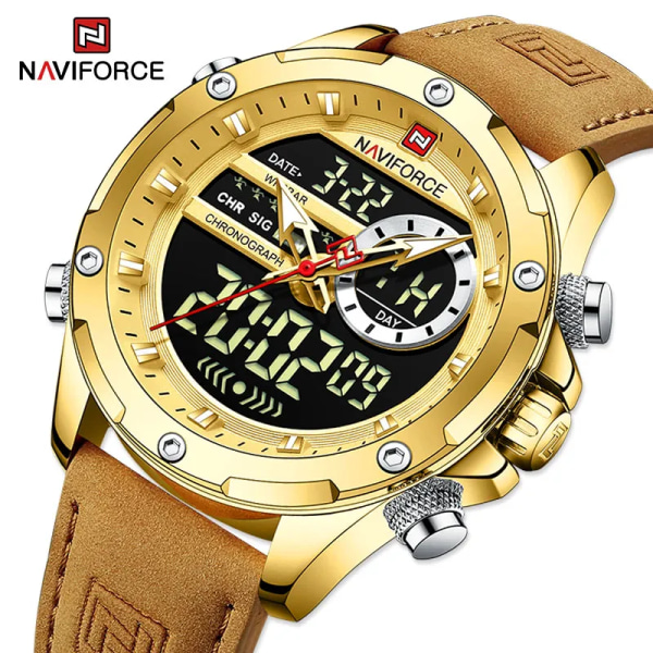 NAVIFORCE Lyxmärke Originalklockor För Herr Casual Kronograf Alarm Quartz Watch Läder Vattentät Klocka 9163 GGLABN BOX