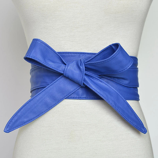 Kvinnor Snörning Pu-läderbälte Nytt Bowknot Bälten Längre Bred Bind Midjeband Slips Rosett Dam Klänning Dekoration Mode 2022 Blue one size