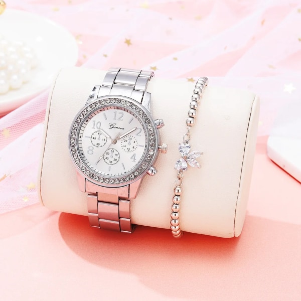 2022 Damklockor Mode Rose Gold Watch Set Damarmbandsur Rostfritt stål Silverarmband Watch Rose gold