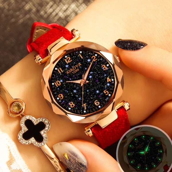 Lyx Starry Sky Watch For Women Mode Dam Quartz Armbandsur Rött Läder Vattentät Klocka relogio feminino zegarek damski Pink