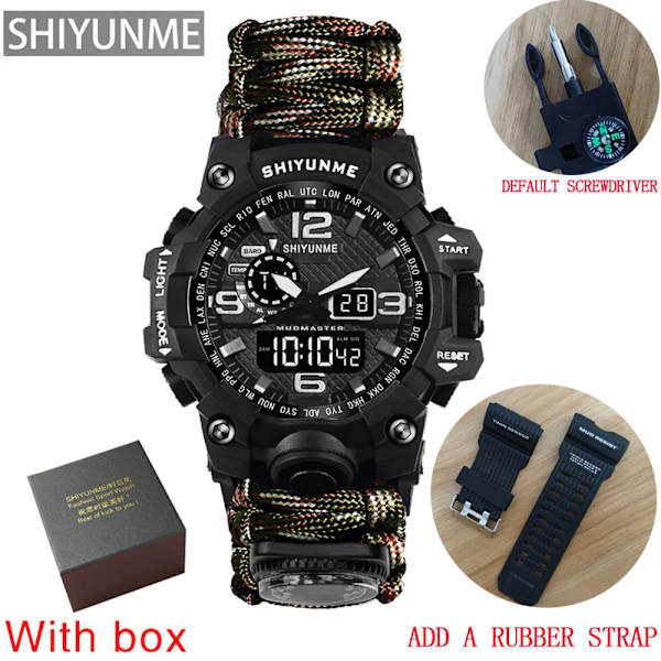 Utomhus Survival Watch Multifunktionell Vattentät Militär Taktisk Paracord Watch Armband Camping Vandring Nödutrustning Khaki with box strap