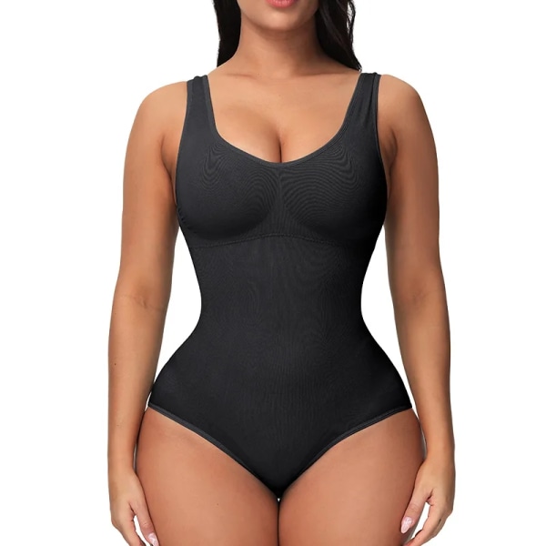 Kvinnor Body Sommar Ärmlös Sexig Off Shoulder Body Tops Casual Magkontroll Waist trainer Body Shaper Buken Jumpsuit Black M