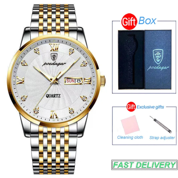 POEDAGAR Brand Lyx Herrklockor Hög kvalitet Vattentät Business Casual Man Quartz Armbandsur Lysande klockor i rostfritt stål gold white and box