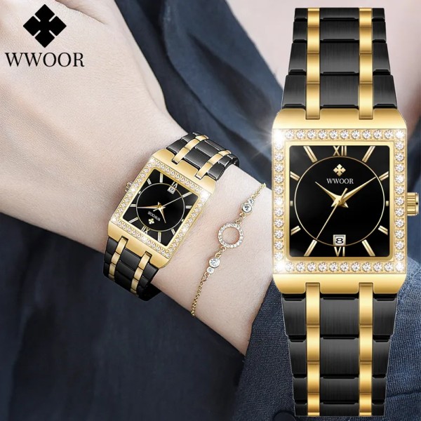 WWOOR Reloj Nytt mode watch diamantklocka Toppmärke lyx fyrkantig armbandsur Enkel watch Liten watch Relogio Feminino Gold black gold(.337)