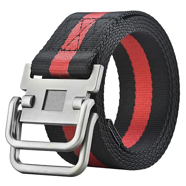 Nya dubbelringspänne Canvasbälten för män Militär träningsbälten Mode utomhus metallspänne midjeband Justerbar längd Black Red Stripe 115CM