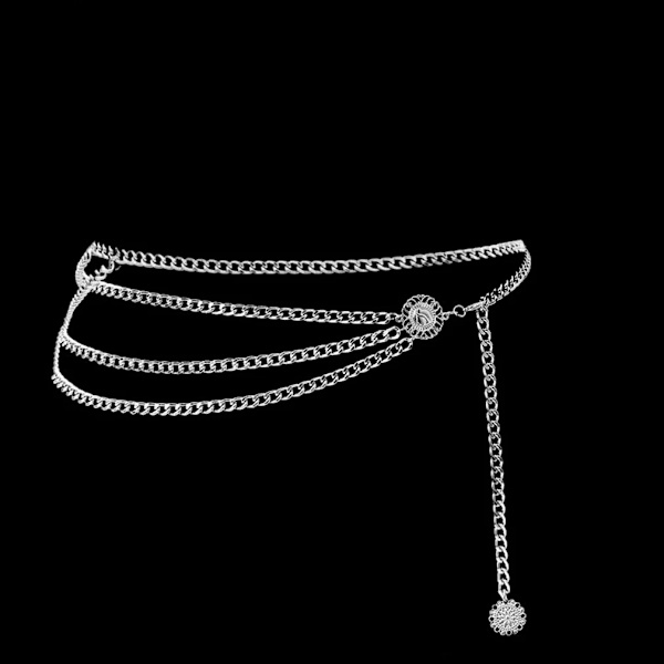 Bohemian Retro Style Multilayer Alloy Midjekedja Kroppskedja för kvinnor Runt hänge Magkedja Midjekedja Smycken N143-Silver 90cm