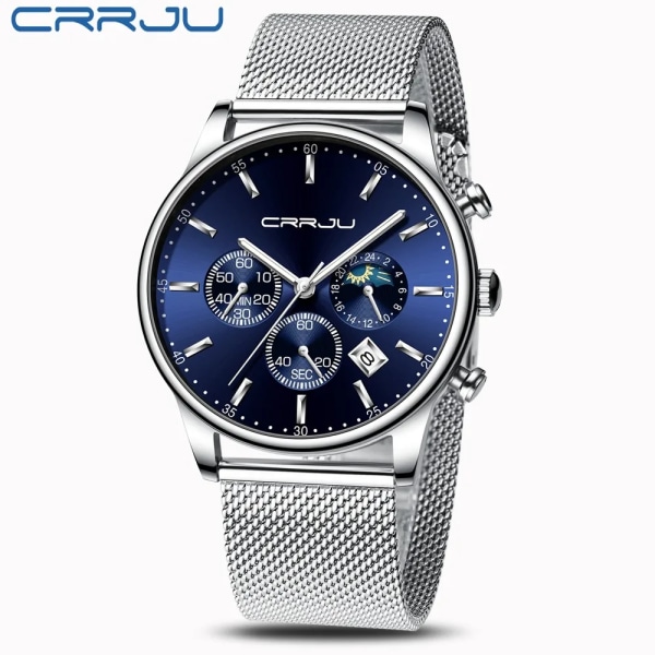 Relogio Masculino CRRJU Lyxig watch för män Blue Dial Klockor Sportklockor Chronograph Clock Mesh Watch silver blue