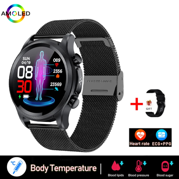 Ny EKG+PPG Smart Watch Män Laserbehandling av hypertoni Hyperglykemi Hyperlipidemi Puls Hälsosam Sport Smartwatch Black mesh belt