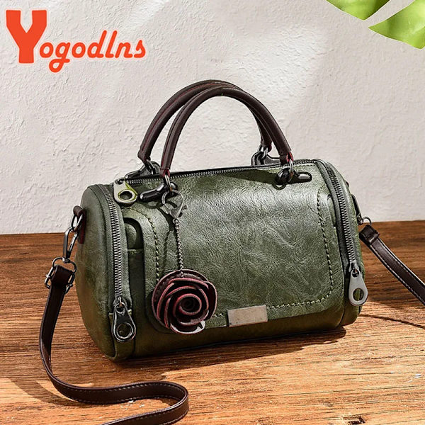 Yogodlns Nya blommor Hängande handväska Dammode Boston väskor enkel axelväska dam crossbody väska PU messenger bag winered 27x14x17cm
