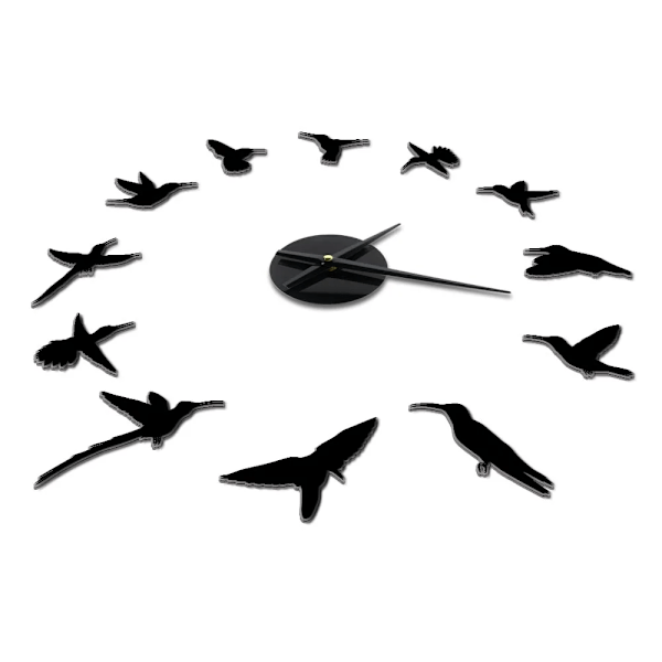 Kolibri Stor Design Väggklocka Tyst Svep Natur Djur Flyg Diy Väggur Rum Heminredning Akryl Klocka Fågelälskare Gåva Black Wall Clock