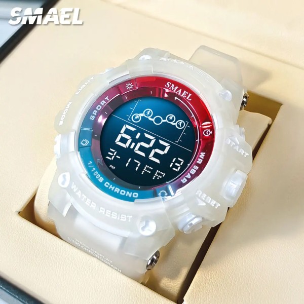 SMAEL Elektroniska Digitala klockor för män Vattentät Unisex Military Sport Armbandsur med Auto Date Week LED Display Vit 8082 White-Red blue-Box