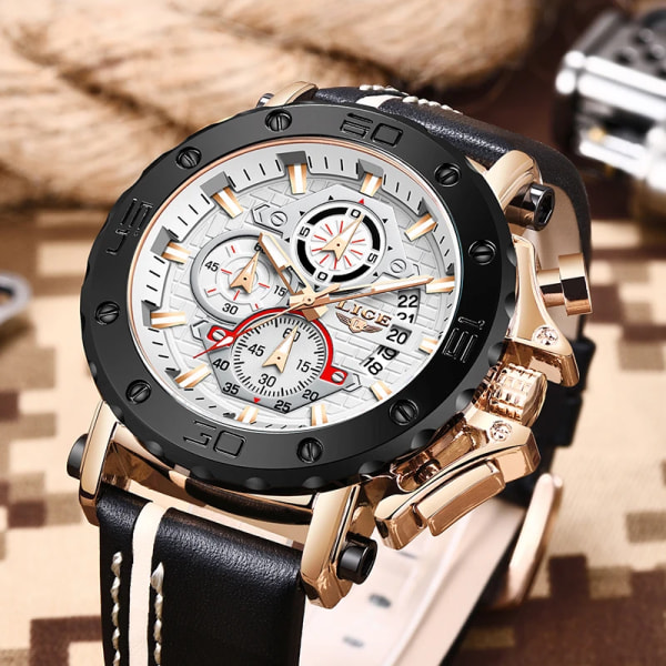 2023 Toppmärke LIGE Herrklockor Mode Sport Watch Herr Luxury Date Vattentät Quartz Chronograph Relogio Masculino+Box Rose Gold Black