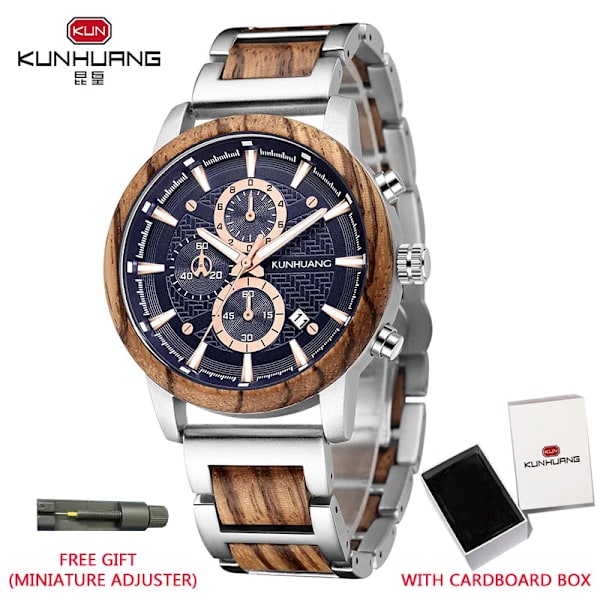 KUNHUANG Träklockor Lyxig lysande multifunktions träkvarts watch för män Mode Sport Klockor Zegarek męski silver blue box