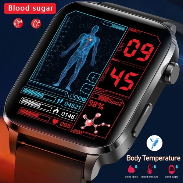 LIGE Termometer Smart Watch Herr Sangao Laser Treat Blodsocker Klocka Vattentät Sport Män Smartwatch Hälsomonitor+present belt black Blood sugar monitor