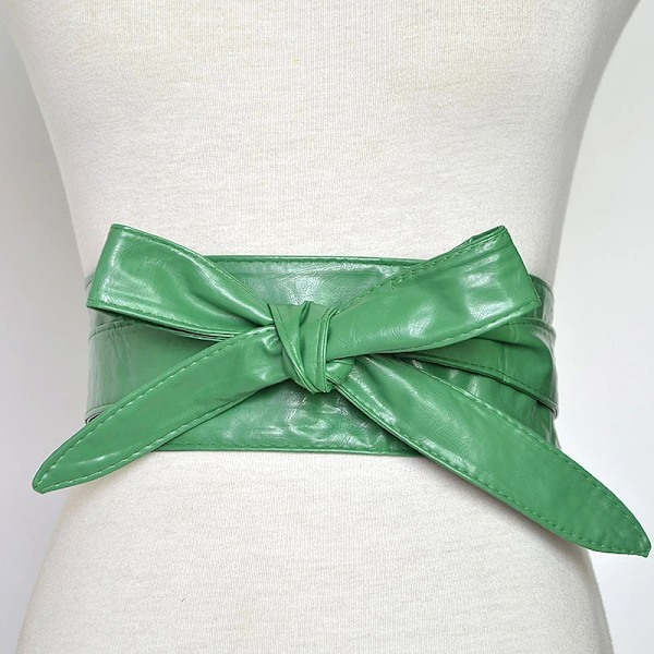 Kvinnor Snörning Pu-läderbälte Nytt Bowknot Bälten Längre Bred Bind Midjeband Slips Rosett Dam Klänning Dekoration Mode 2022 Green one size