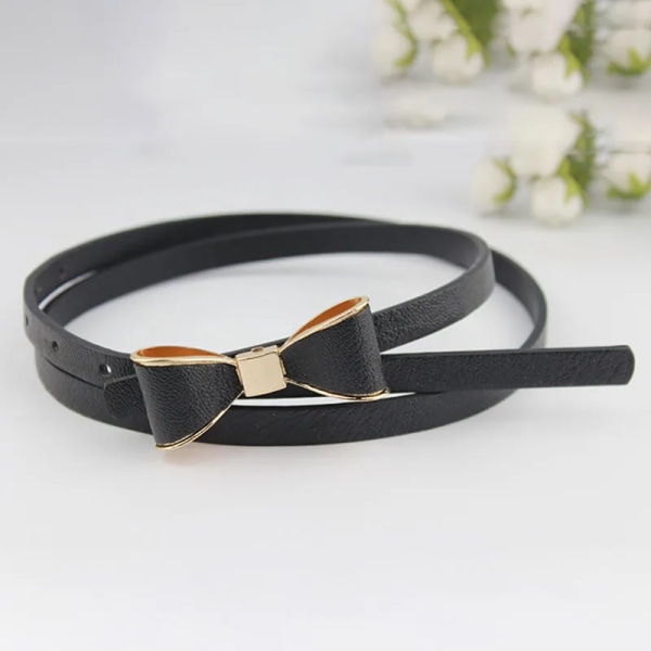 PU Läder Kvinnor Skinny Butterfly Rosett Midjebälte Dor Klänning smalt tunt midjeband Black