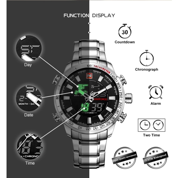 Herrklockor Lyxmode Watch NAVIFORCE Märke Herr Quartz Analog Digital klocka Man Vattentäta klockor i rostfritt stål SBR-BOX