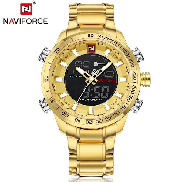 NAVIFORCE 9093 Lyx Herr Chrono Watch Märke Militär Vattentät EL Bakgrundsljus Digitala armbandsur Herr Stoppur Klocka golden