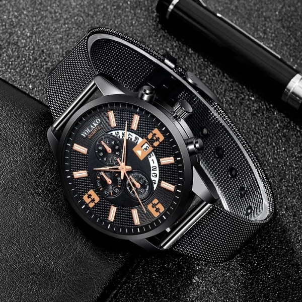 Mode Herrklockor Watch rostfritt stål Mesh Bälte Kvartsklocka Herr Business Casual Läderarmband Watch relogio masculino As Shown 13
