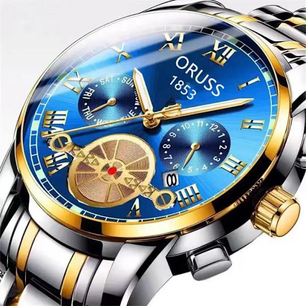 Automatisk rörelse Lysande Sport Vattentät Watch rund Pointer Glas Calendar Business Watch Herr gold strap blue