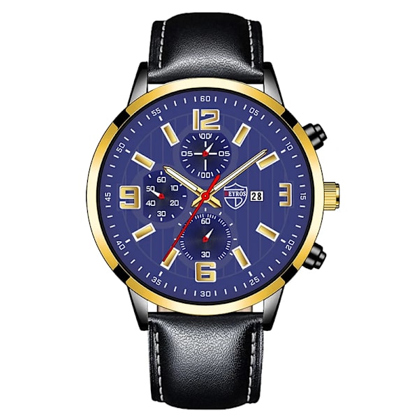 Herrmode Sportklockor för män Business rostfritt stål Quartz Armbandsur Kalender Man Casual Läder Luminous Clock Watch Leather Blue Black(.320)