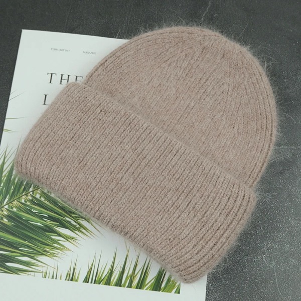 Bästa fluffiga Angora vintermössa för kvinnor Super varm mössa Tjock stickad mössa Mode Mocha 53-60CM